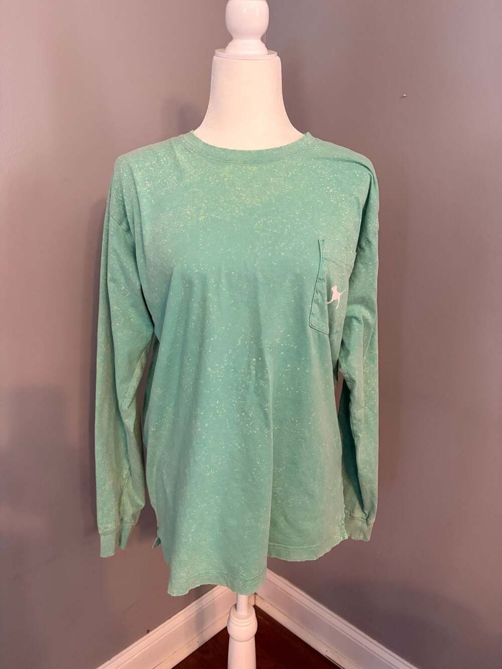 PINK Victoria's Secret Seafoam Acid Wash Long Sleeve Pocket Tee with Dog Logo